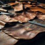 Pieces of brown leather are spread out on a wooden table along with crafting tools, including a ruler, a wooden handle tool, and a metal knife. The setup suggests a workspace for leatherworking or crafting.