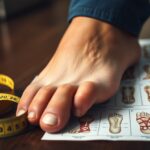 A foot is placed next to a measuring tape on a wooden surface. A chart depicting various foot shapes and sizes is partially visible beneath the foot. The foot is relaxed, and the tape is coiled in a circular shape.