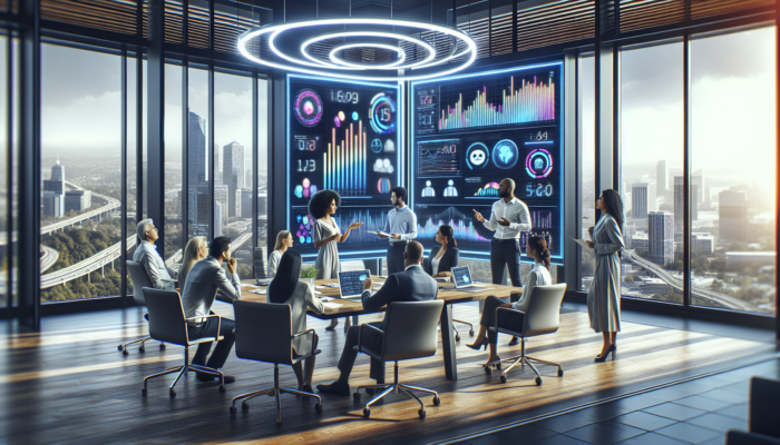 A team collaborating with charts and digital screens in a modern office, city view.