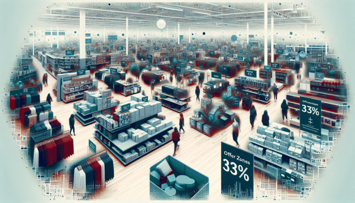 UK retail store clearance section showcasing discounted apparel, electronics, and home goods with minor defects, marked down for quick sales.