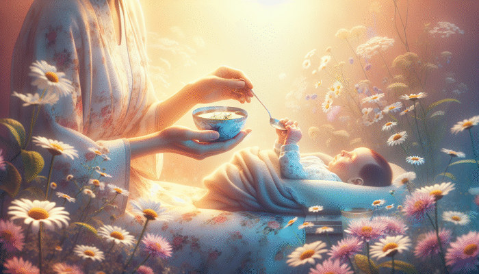 A parent offering soothing chamomile tea to a comforted infant, with chamomile flowers in the background.
