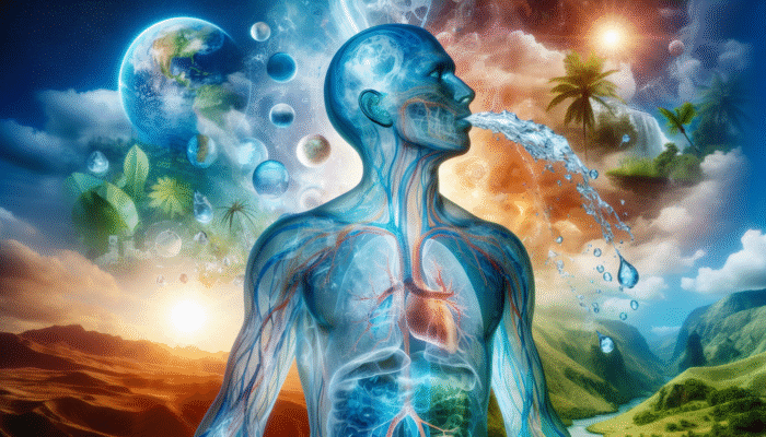Illustration of a human body with water flow, depicting hydration's impact on temperature, digestion, and nutrient transport across various climates.