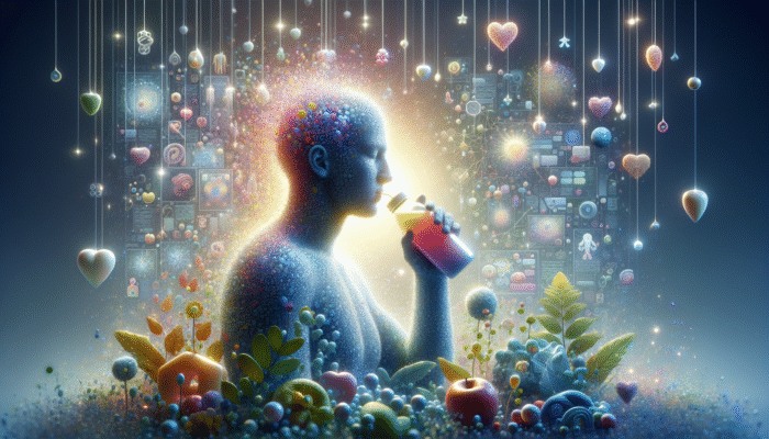 A person drinking a colorful hydration supplement surrounded by glowing water droplets and wellness symbols in a tranquil setting.