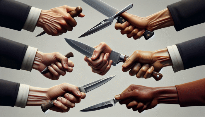 Demonstration of Knife Safety Rules: Hands showcasing various knife grips, including firm handle grip, pinch grip on a chef's knife, and relaxed hold on a paring knife.