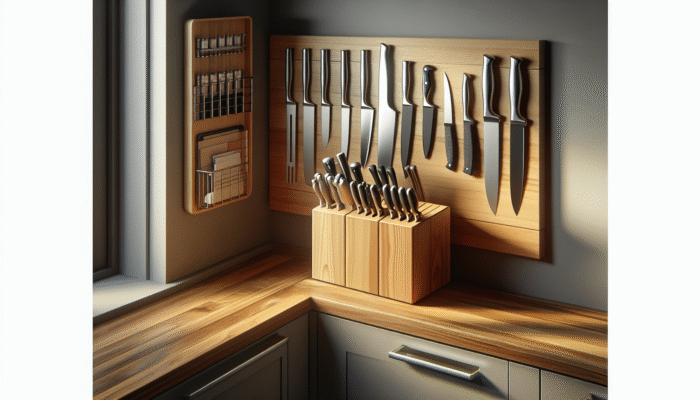 Modern kitchen setup featuring a wooden knife block, magnetic strip, and high shelf for secure knife storage.