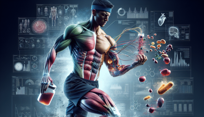 Athlete utilizing advanced supplements for rapid recovery, promoting muscle repair during a rigorous training environment.
