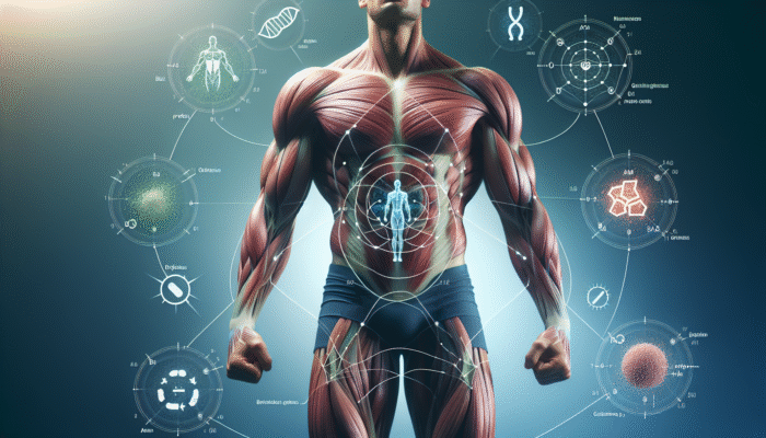 Athlete utilizing recovery stacks, with muscle fibers repairing and growing, symbols of protein, BCAAs, glutamine.