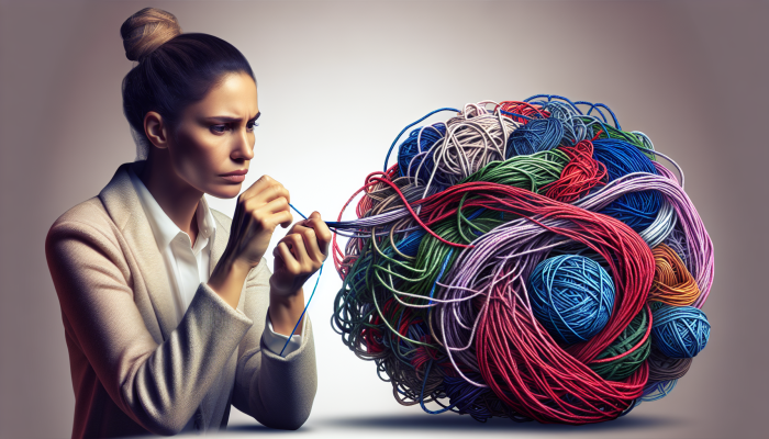 How Debt Consolidation Changes Spending Habits: | DCL A person untangling a complex knot of colorful threads, symbolizing debt consolidation, with a clear, single thread emerging.