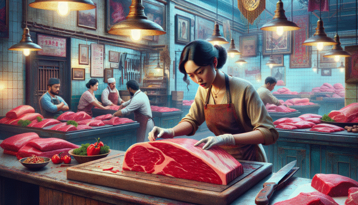 Expert butcher selecting high-quality beef fillet for making Beef Wellington in a traditional market.