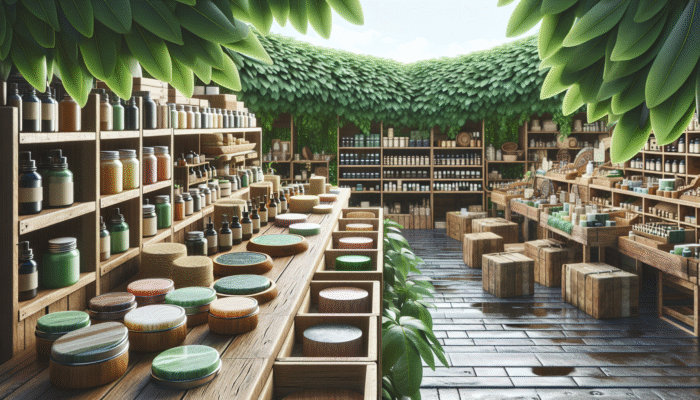 A vibrant marketplace with eco-friendly stone polishing products on rustic shelves, surrounded by green leaves.