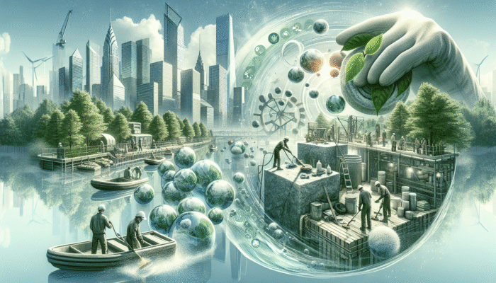 Eco-friendly stone polishing with biodegradable, plant-based compounds in an urban setting, preventing waterway pollution.