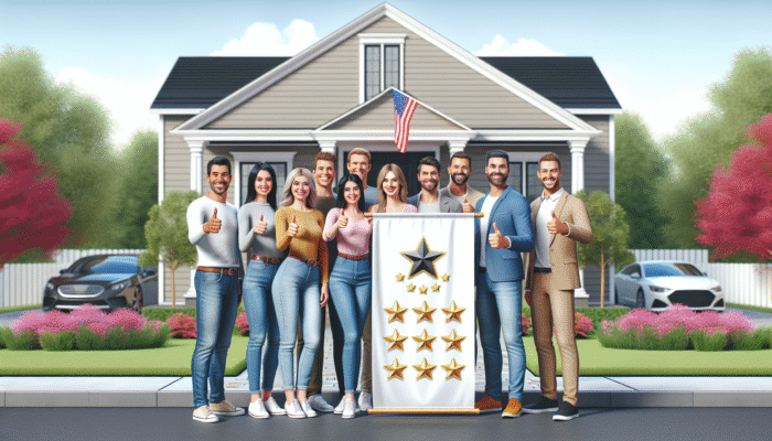 Satisfied homeowners displaying thumbs-up in front of their home, showcasing a banner with top-rated home service logo and reviews.