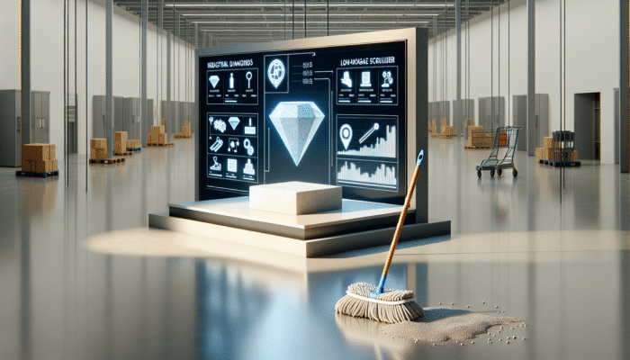 Industrial diamond tools and low-moisture scrubbers delicately treating stone, creating a lasting shine, in comparison to a regular supermarket mop.