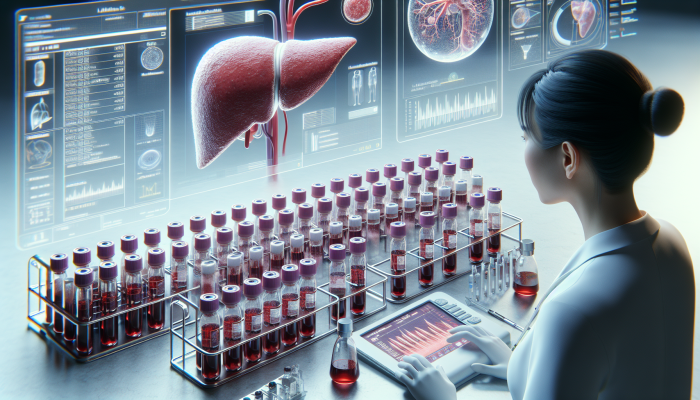 Detailed medical illustration of advanced liver blood testing process, including vials, liver cross-section, and lab analysis.