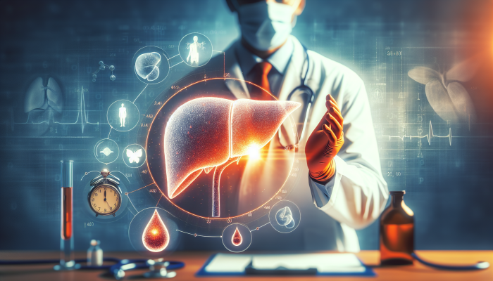 A medical chart in a doctor's office showing liver test results with highlighted ranges for ALT, AST, albumin, and prothrombin time.