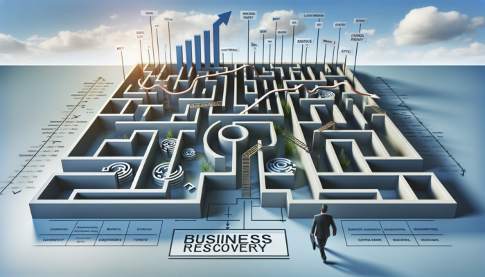 A person navigating a maze labeled 'Google Business Recovery' with signs and a successful exit under a clear sky.