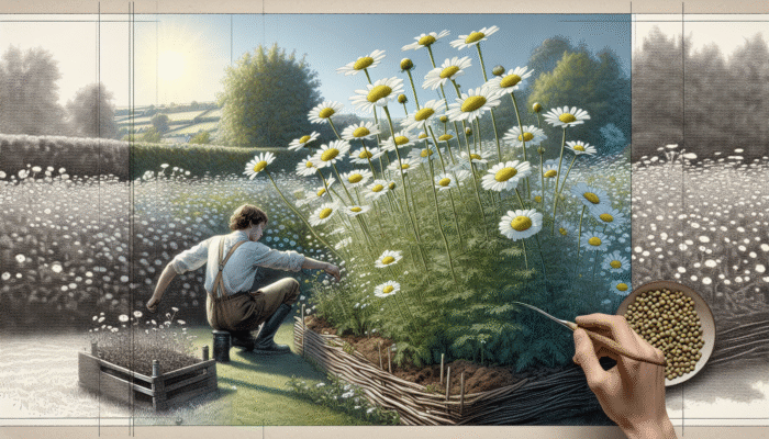 A serene UK garden with chamomile plants and a gardener sowing seeds under a sunny sky.