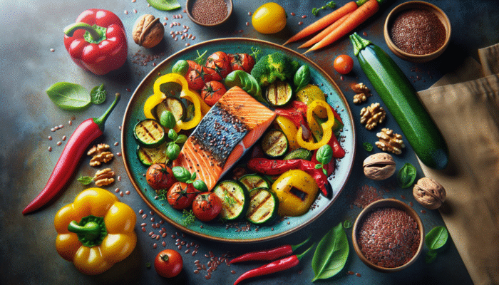 Grilled salmon with roasted vegetables, flaxseeds, and walnuts, showcasing omega-3 rich foods.