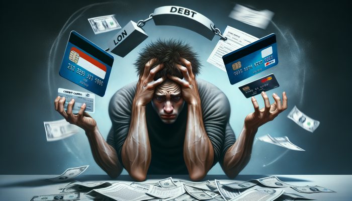 Debt Consolidation Loan Myths Beginners Believe | DCL A person stressed, juggling credit cards and a loan document amidst scattered bills, with a looping debt cycle symbol.