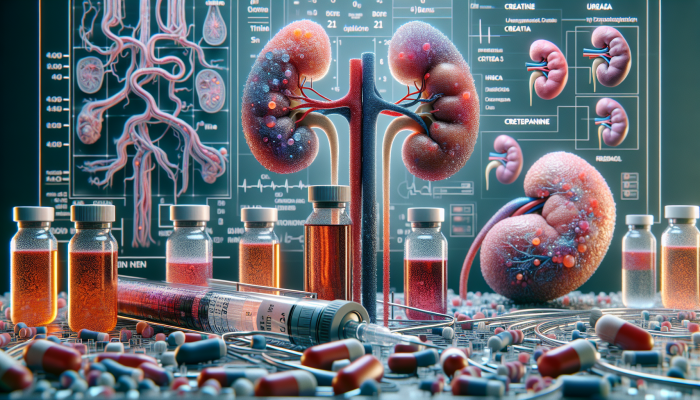 Kidney Blood Test in Barry: Illustration of a kidney blood test showing blood samples with highlighted creatinine and urea levels, and a kidney model.