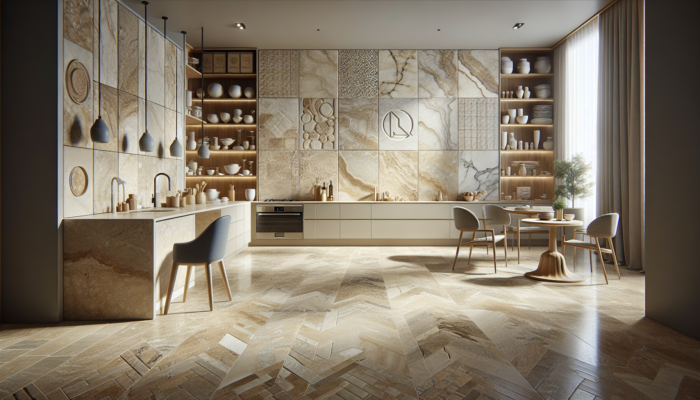 Honed, polished, and tumbled travertine tiles in a modern UK kitchen and bathroom, showcasing safety and elegance.