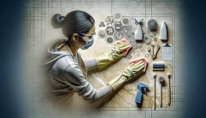 A person cleaning a travertine surface with gloves, specialized solution, and soft brushes, surrounded by cleaning supplies.