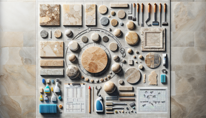 Travertine surfaces with dirt, stains, scratches, chips, cracks; honed and polished finishes, cleaning tools and products.