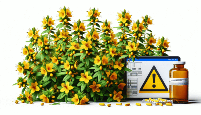 Illustration of St. John's Wort with yellow flowers and caution symbol, used for mild depression but may interact with medications.