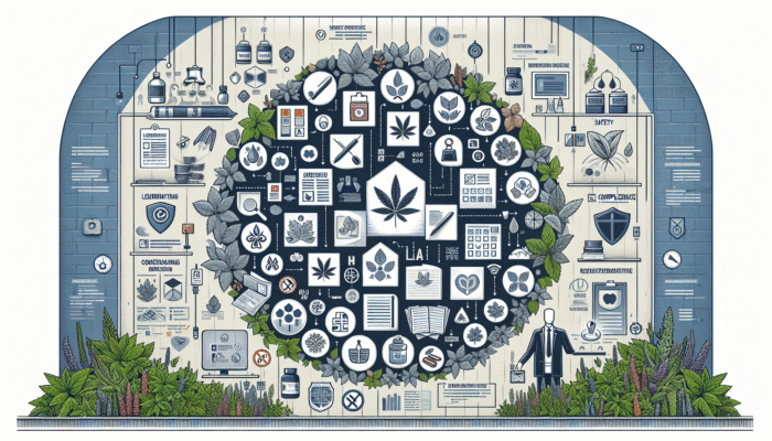 Infographic on UK regulatory guidelines for herbal products, covering safety, labeling, and compliance, with herbs and documents.