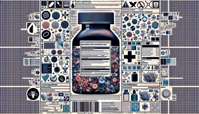 UK herbal product label with active ingredients, dosage, and contraindications, surrounded by herbs.
