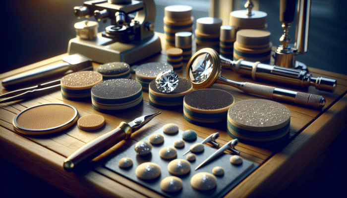 Diamond polishing pads of various grits on a workbench alongside a loupe and diamond in a workshop.