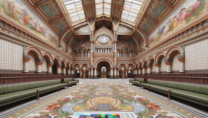 Victorian tiles in a grand hall, showcasing intricate patterns and vibrant colours, symbolising 19th-century craftsmanship.
