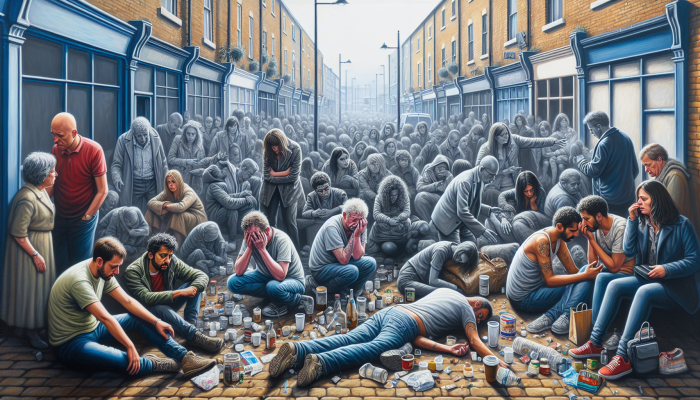 Coping with Substance Use Disorders: A crowded UK street showing people affected by substance use disorders, with support signs.