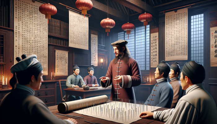 Acupuncture for Post-Injury Pain: 17th-century British explorer introduces acupuncture to skeptical locals amidst ancient Chinese scrolls and traditional British setting.