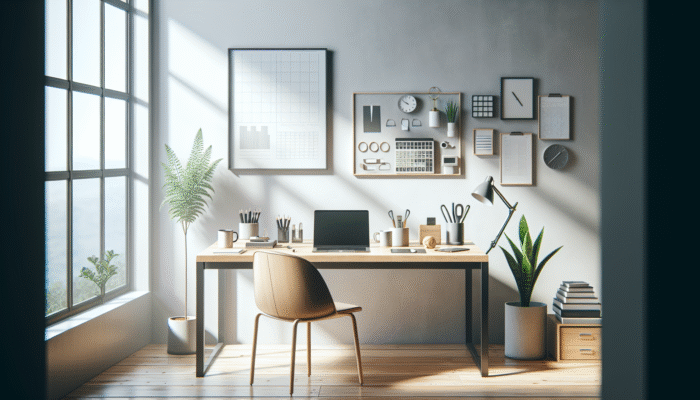 Minimalist desk with laptop, plant, and office supplies in a bright, airy room featuring large windows.