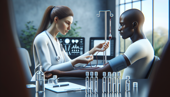 Technician preparing a patient for a kidney blood test in a modern laboratory environment.