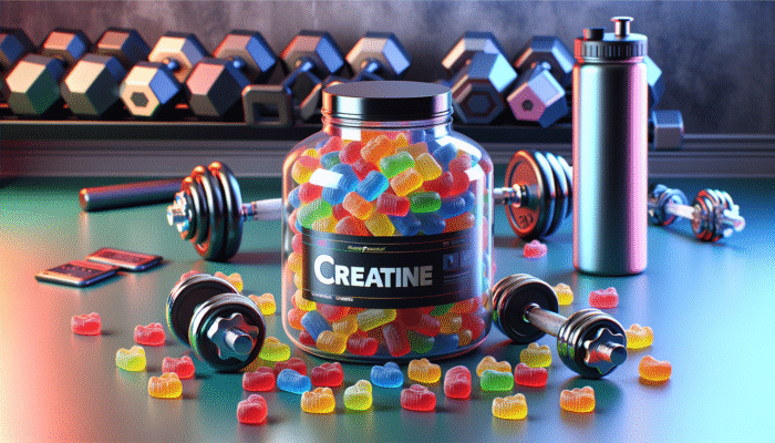 Best Creatine Gummies Reviewed: Colorful creatine gummies spilling from a jar onto a gym background with dumbbells and a water bottle.