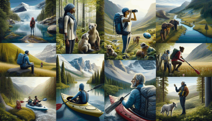 A collage of influencers in travel, adventure sports, and environmental advocacy using outdoor gear in natural settings.