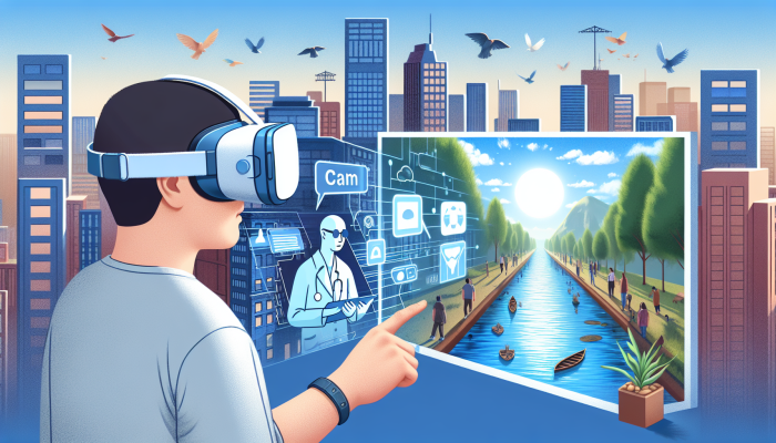 Person in VR headset facing anxiety in virtual crowded city street, guided by therapist.