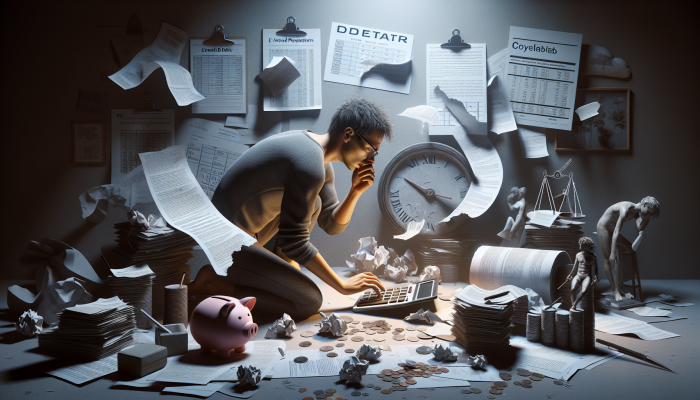 Understanding Debt Consolidation: Risks and Impacts | DCL Individual in a dimly lit room, surrounded by financial documents, anxiously calculating extended debt repayment on a calculator, calendar showing prolonged dates.