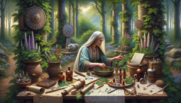 An ancient Celtic herbalist crafting a tincture in a UK forest, blending indigenous and Roman knowledge.