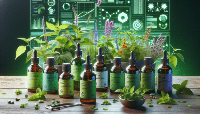 Herbal tinctures made with nettle, mint, and rosemary, displayed in a lush, green setting.