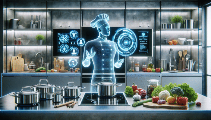 A futuristic kitchen featuring an AI holographic chef displaying recipes on a transparent screen, surrounded by high-tech appliances and fresh ingredients.