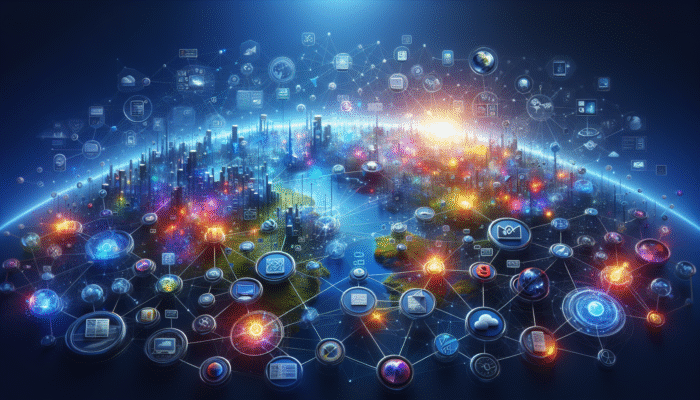 A vibrant digital landscape illustrating SEO, social media, email campaigns, and online ads connectivity.