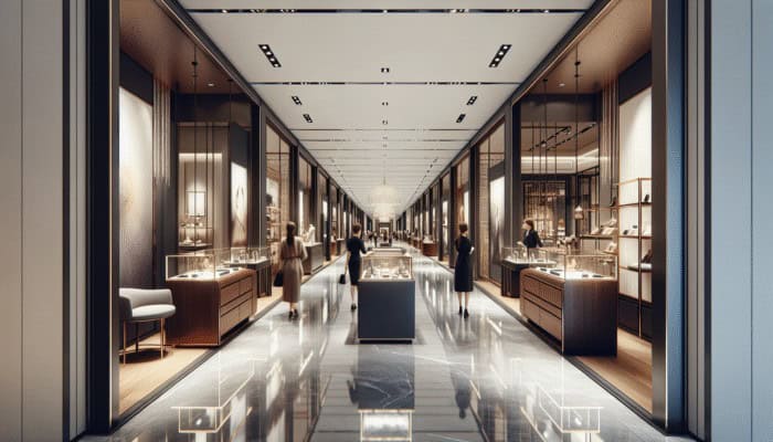 Elegant corridor at The Forum Shops showcasing luxury boutiques of Gucci, Versace, and Louis Vuitton.