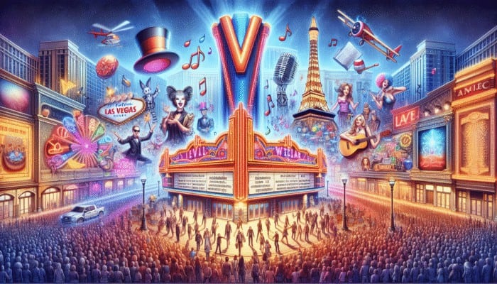 Vibrant Las Vegas mall featuring V Theater, offering diverse live performances including magic, music, and comedy.