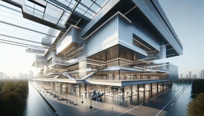 Luxurious mall featuring sleek lines, expansive glass facades, and contemporary art installations bathed in natural light.