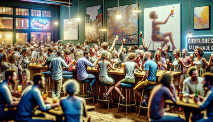 Vibrant downtown bar scene in Henderson with local art, lively patrons, and community events.