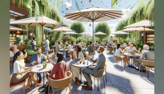Guests enjoying cocktails at an outdoor bar surrounded by greenery.
