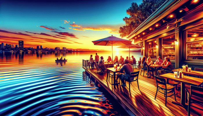 Patrons enjoying cocktails on a serene waterfront terrace at sunset.